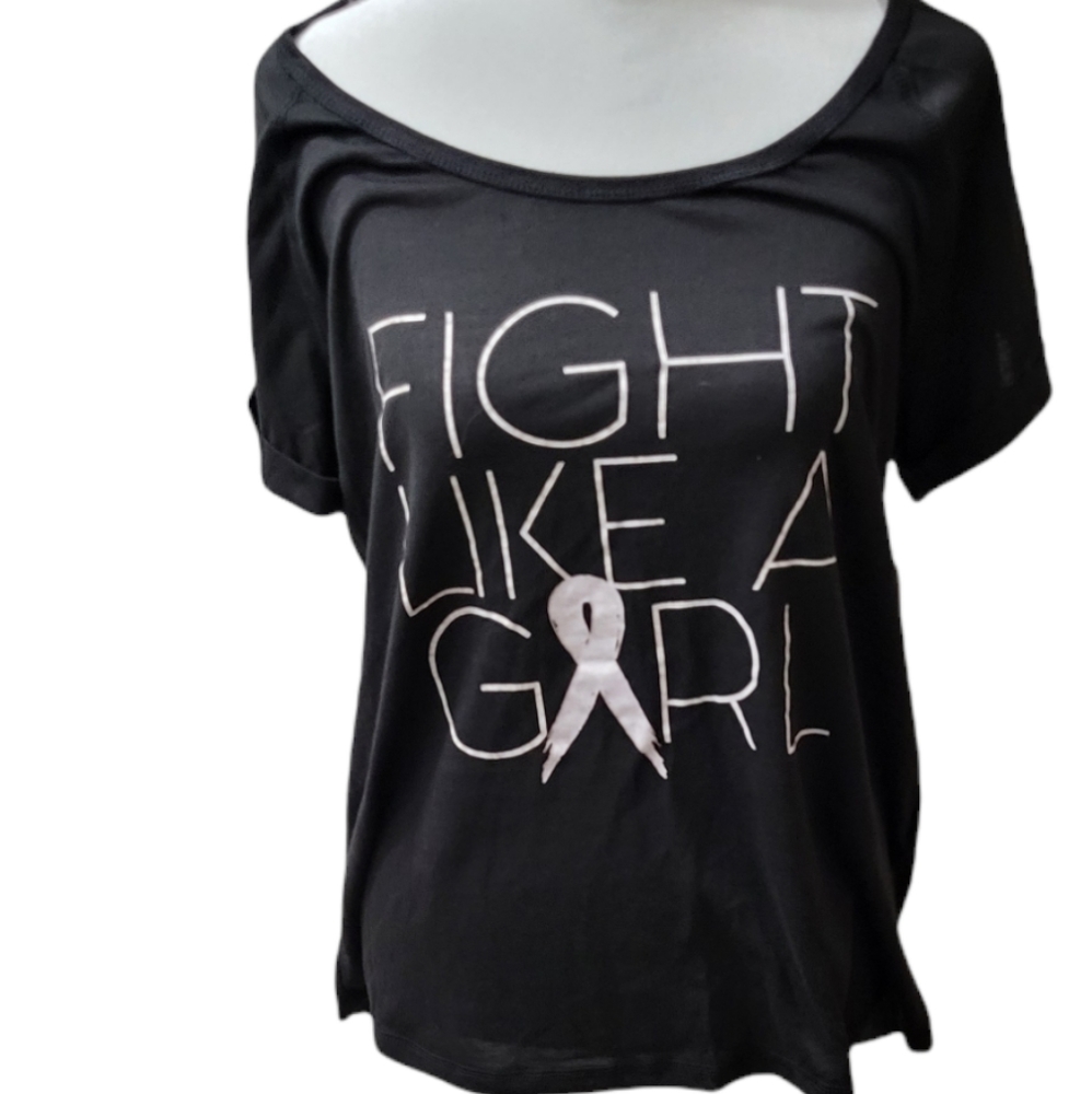 SALE! Black Ideology "Fight Like a Girl" boatneck, BCRF, Breast Cancer Awarenes